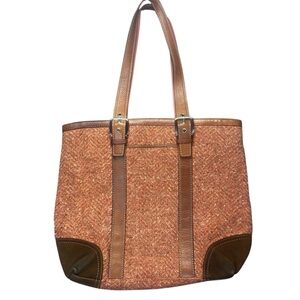 Vintage Coach F11216 Tote Bag Brown Tweed Leather Trim Discontinued